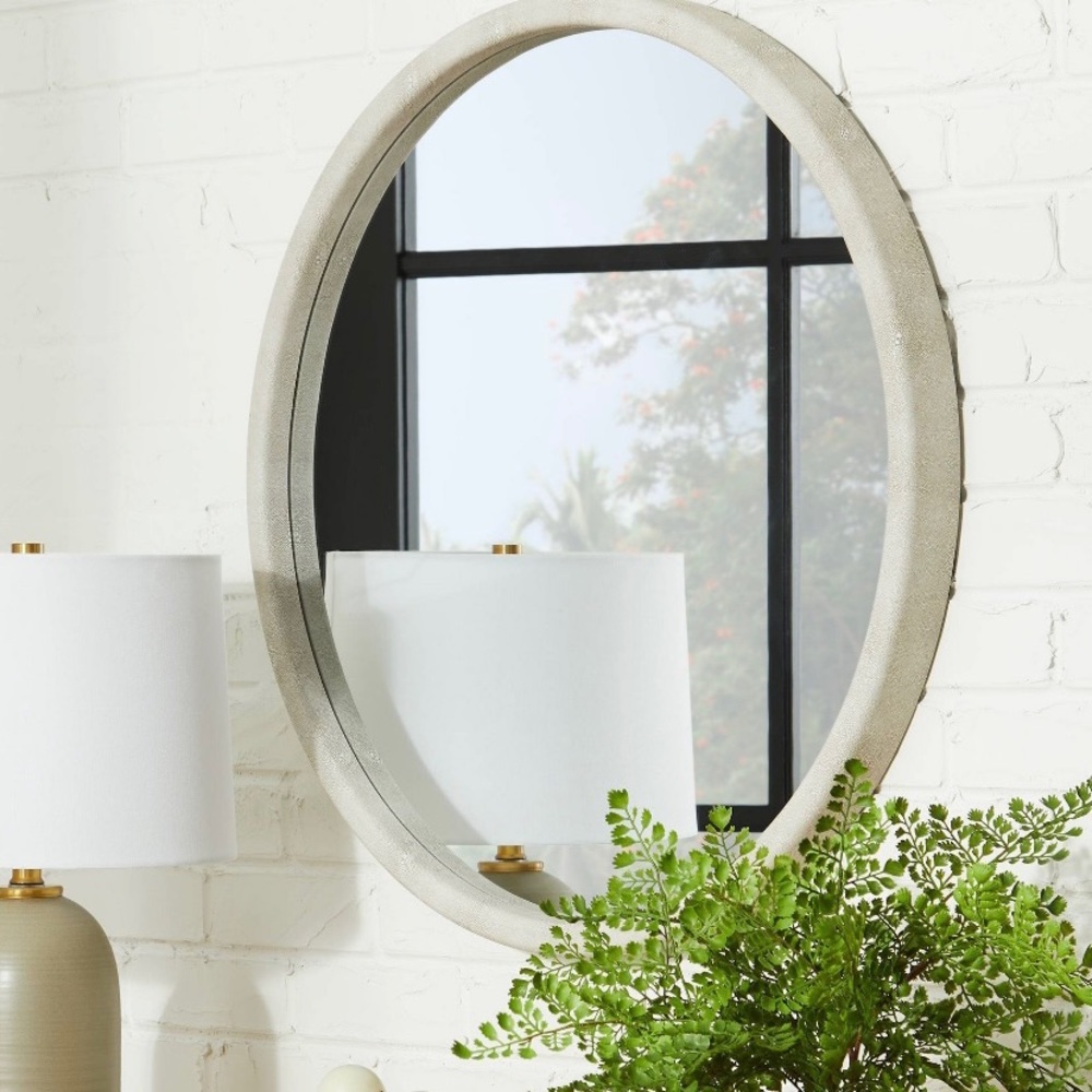 Brand new faux shagreen round white mirror!! Definitely elevates any hom